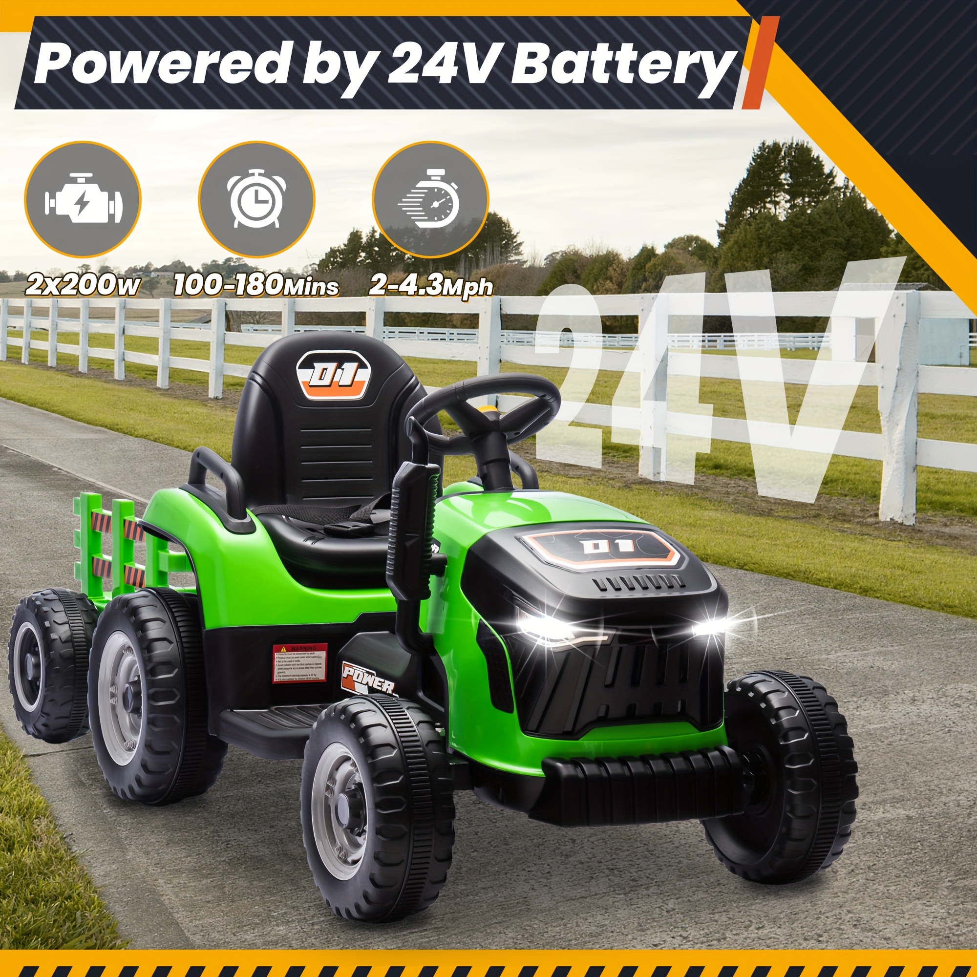 JOYRACER 2-in-1 Kids Tractor Ride-On with Detachable Trailer, Remote Control & Music - 2*200W Motor, 2-4.3MPH, Anti-Skid Wheels for Multi-Terrain, LED Lights + Seat Belt, Green & Black, Remote Control Ride-On | Kidfriendly Ride | Durable Construction, JOYRACER