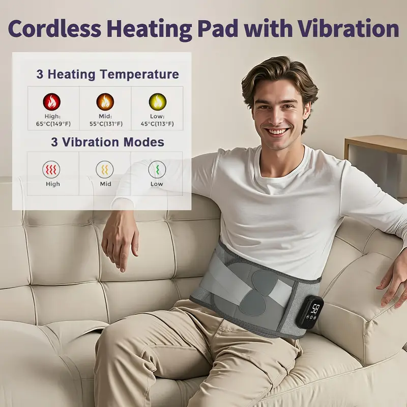wireless heating waist massage belt with waist support 3 heating and vibration adjustable and wearable under clothes usb charging discreet design breathable belt heating vibration heating busy professionals office workers Product details 9