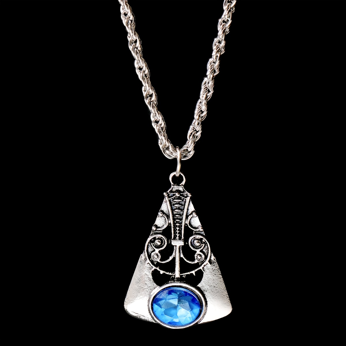 TEMU Retro Ethnic Style Distressed Triangle Pendant Relief Pattern Blue Cut Gemstone Women's Necklace Suitable For Parties Gatherings Vacation Casual