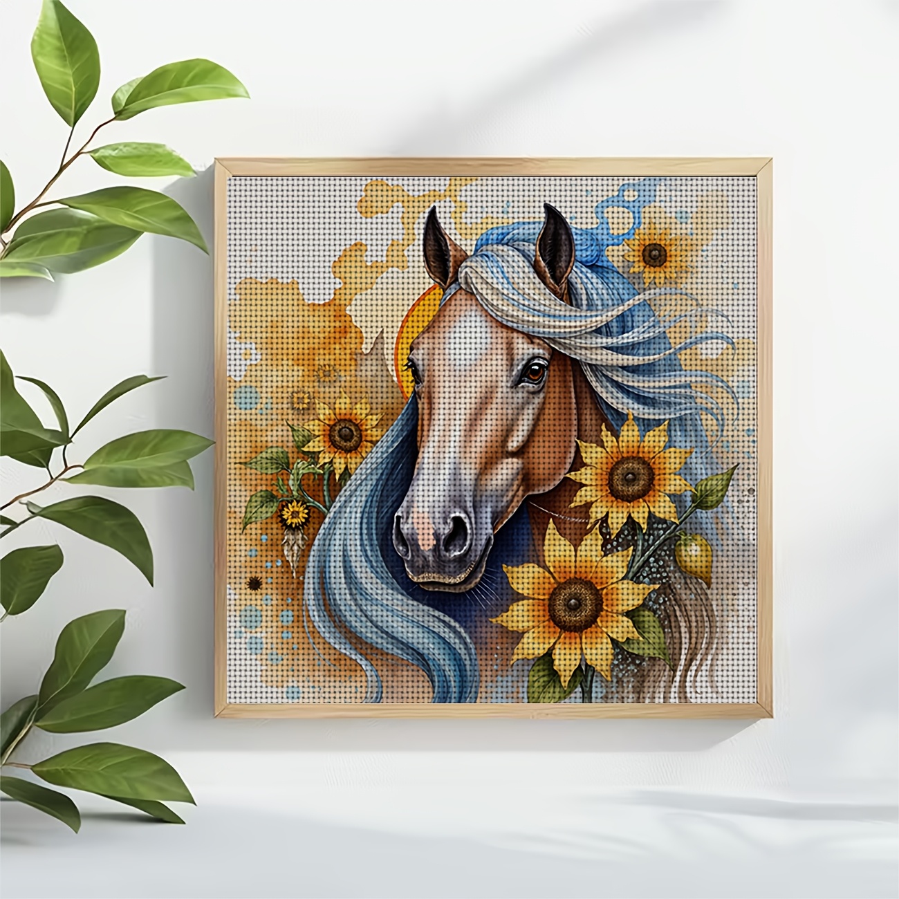 DIY Cross-Stitch Printed Kit, Unframed Blue Mane Horse & Sunflower Design