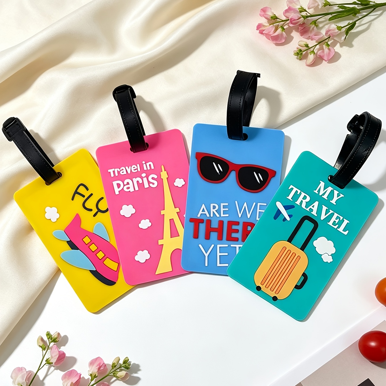 TEMU 4pcs Suitcase Luggage Tags With Color-coded Travel Patterns & Name/contact Labels - Soft Pvc Color-coded Tags Suitable For Trips , Business