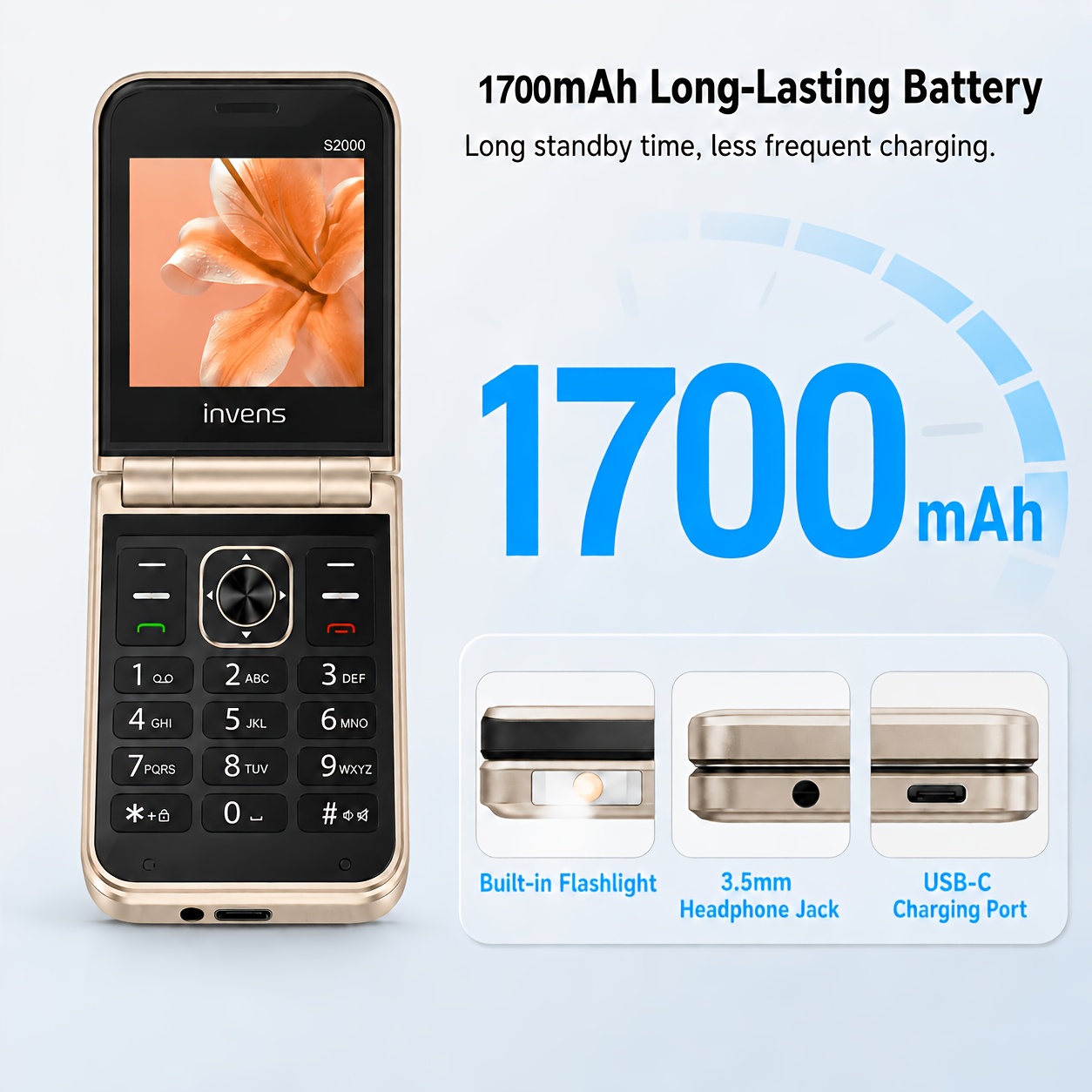 INVENS S2000 Unlocked Flip Phone for Seniors, 4 SIM Slots