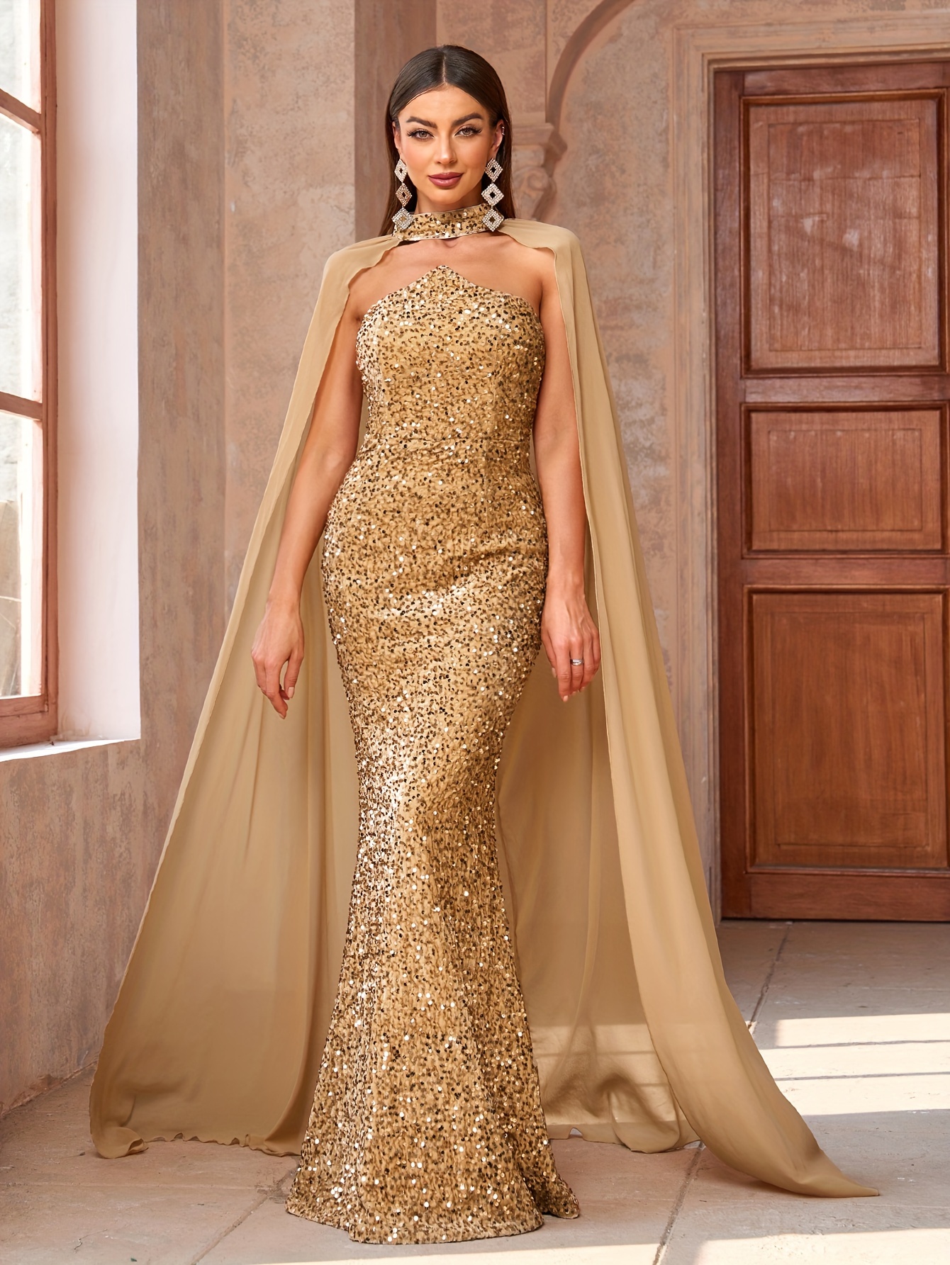 halter neck cape sleeveless mermaid dress an elegant stylish