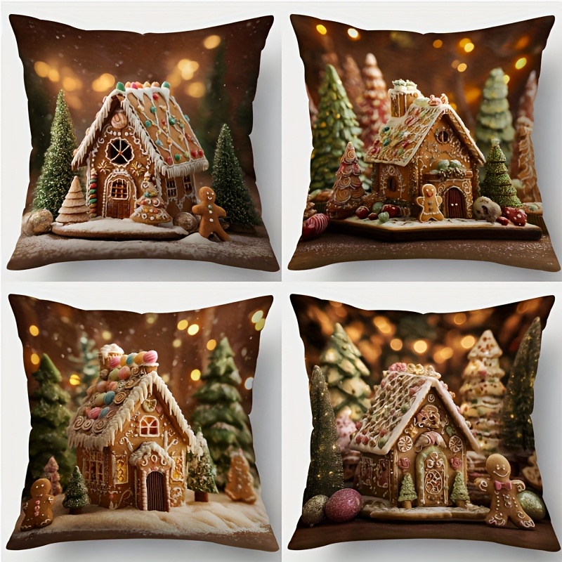 TEMU 4pcs Christmas Gingerbread House Pillow Covers - Festive Holiday Decor With Gingerbread Men & Trees, Zippered, Machine Washable, , Gingerbread