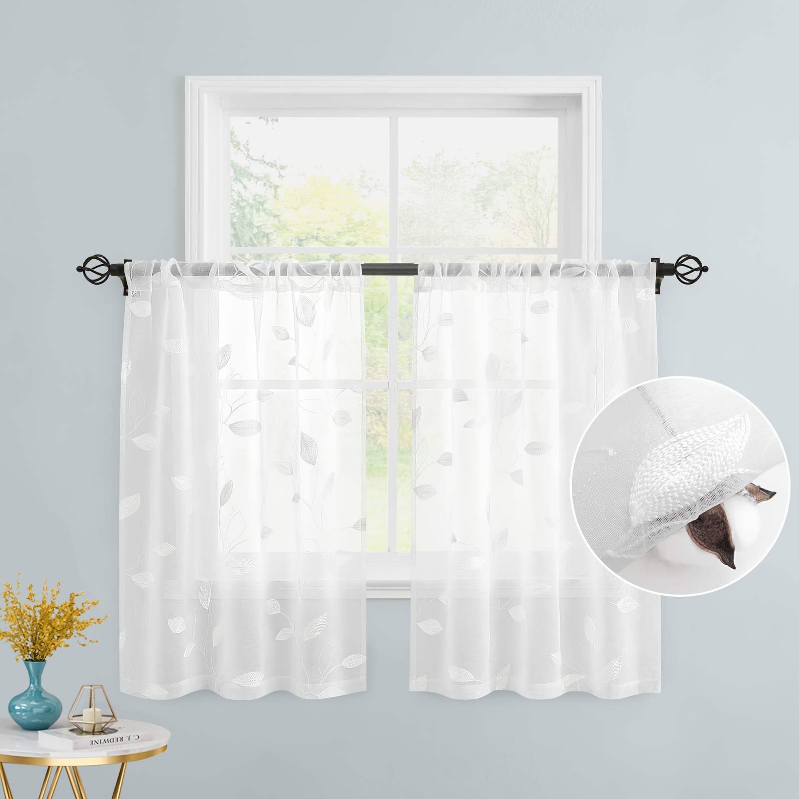 Image of 2pcs Sheer Curtains With Embroidered Leaf Pattern, Rod Pocket Floral Semi-sheer Window Curtains, Kitchen Curtains, Drapes For Bedroom Living Room