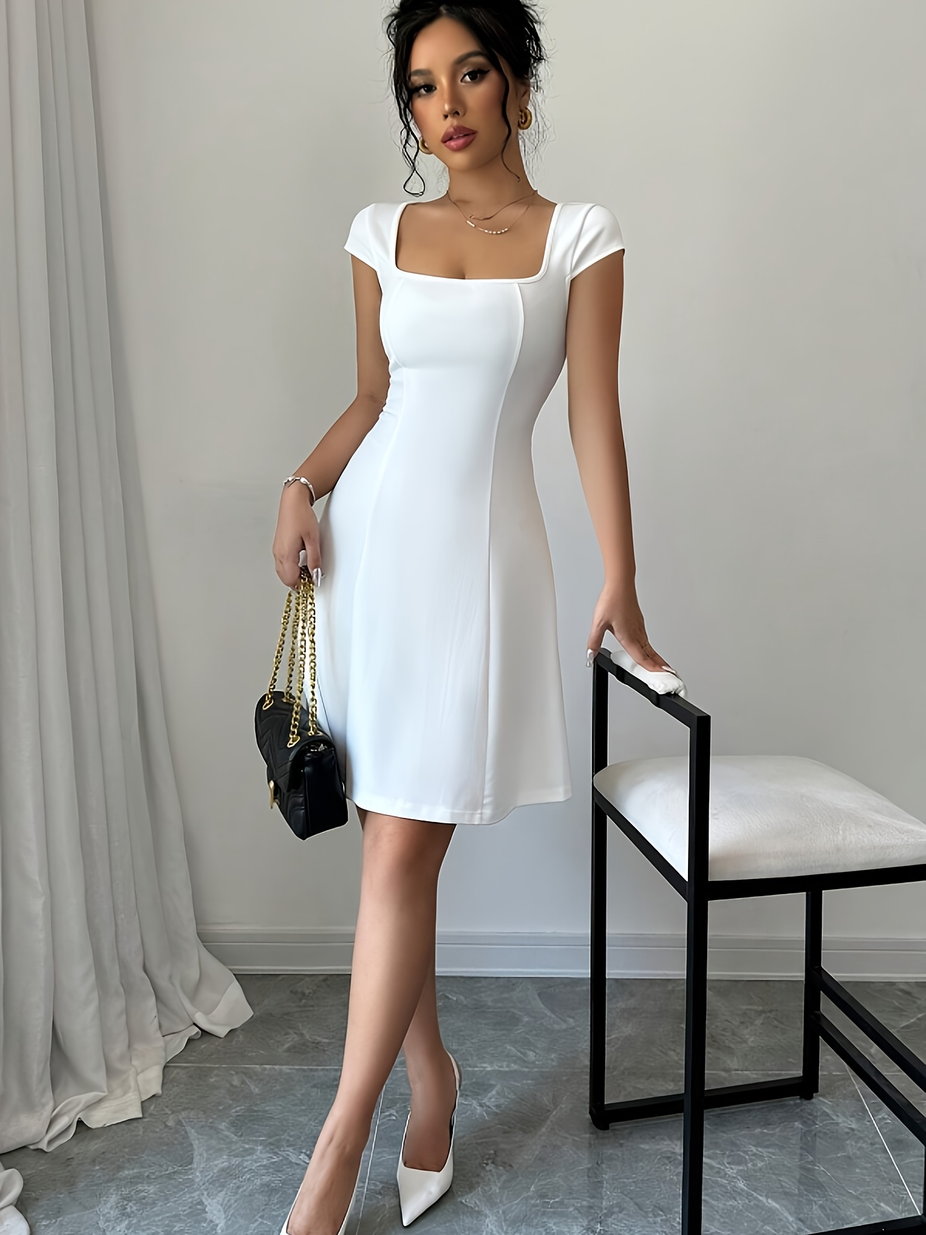 Women'S Elegant White A-Line Dress with Square Neck and Peplum Detail  Polyester, Knit Fabric Spring/Summer, Casual to Semi-Formal Attire,  Casual
