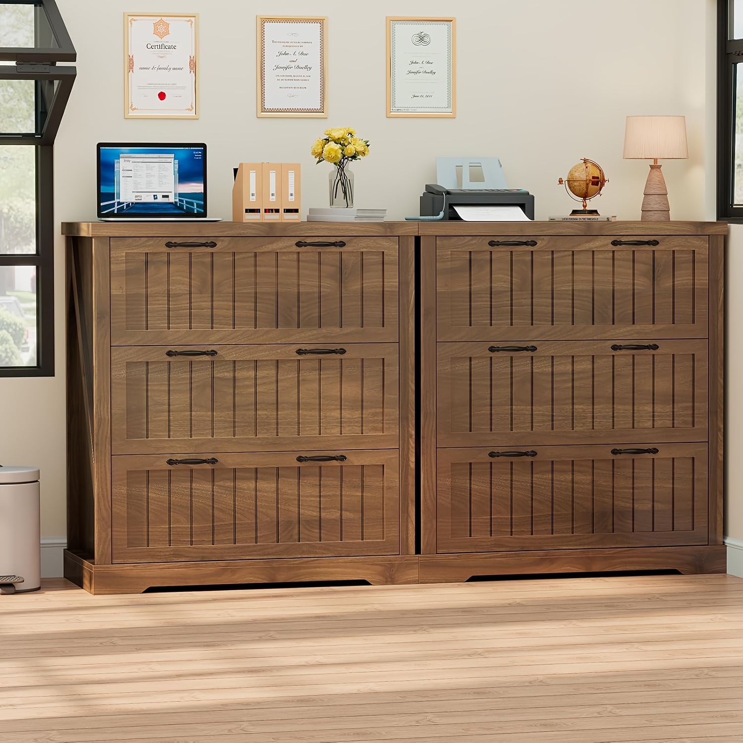 A Rustic Sideboard Storage Cabinet Featuring Three Wooden Drawers, Designed for Multiple Uses. This Stylish File Cabinet Serves As Accent Furniture Suitable for The Living Room, Entryway, Home Office, Or Kitchen, Available in White, Brown, And Grey