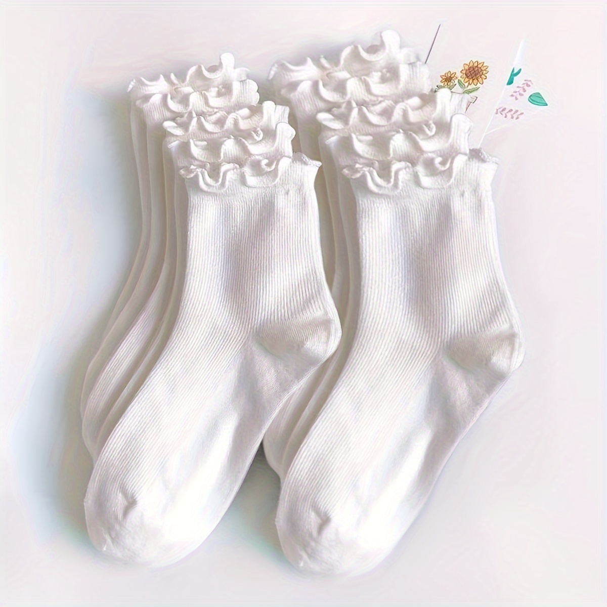 Image of 10-pack Women's Mid-calf Socks, Autumn/winter Ruffle Solid Color Vertical Stripe Long Socks