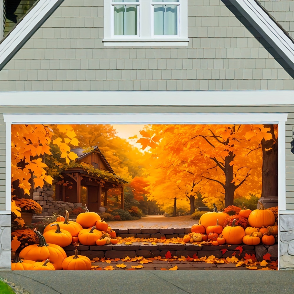 

1pcs Autumn Garage Door Banner Autumn Garage Door Cover, Pumpkin Maple Forest Beautiful Autumn Happy Holiday Party Background, Suitable For Indoor And Outdoor Wall House Patio Lawn Decoration