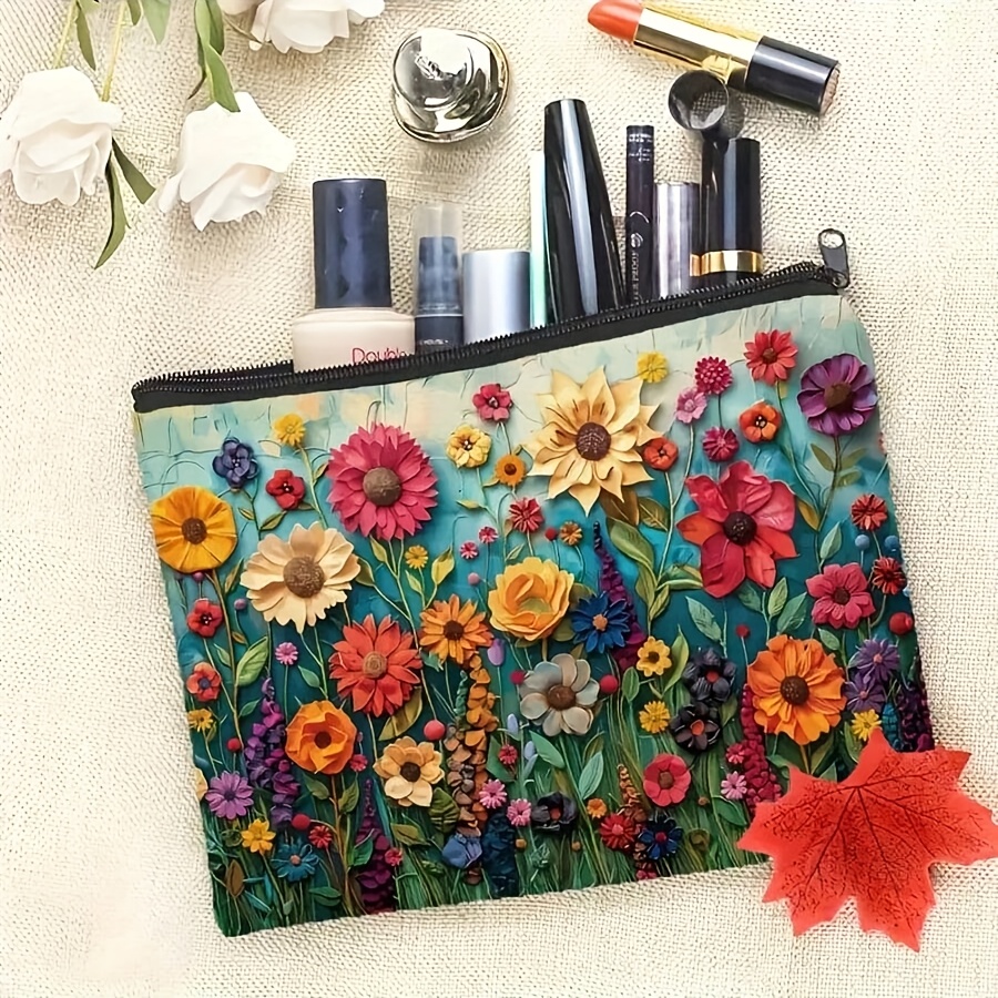 TEMU Fashionable 2d Floral Polyester Makeup Bag With Zipper - A Multi-functional Travel Makeup Bag For Women, Perfect As A Birthday Or Christmas