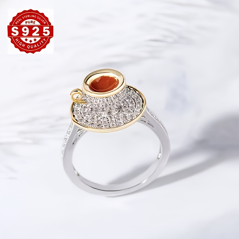 TEMU Bague Créative Tasse de Café en Argent S925, 3,2g, Bague Tendance et Amusante, Bague Rétro , Idéale pour Occasions Spéciales, pour Amis