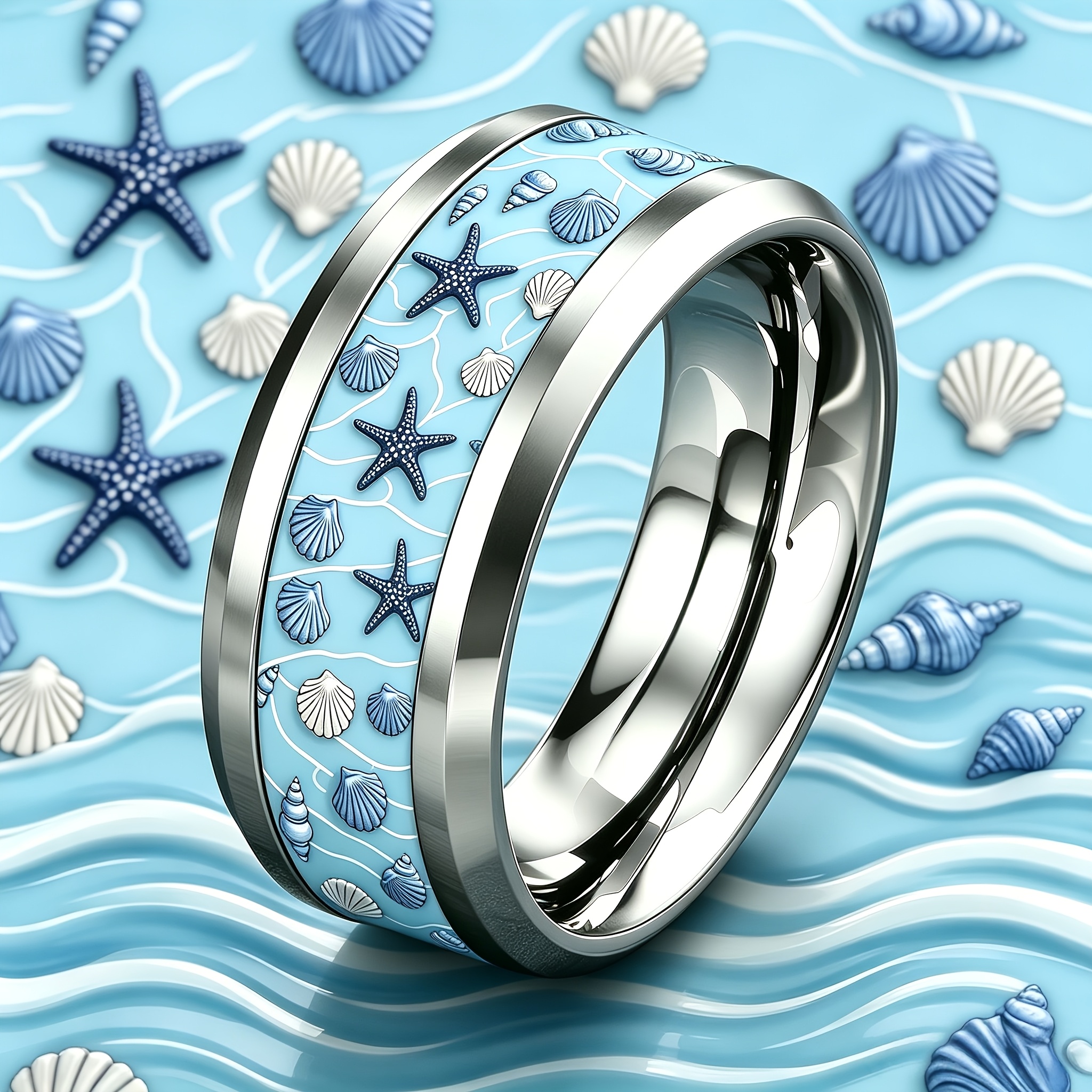 Light Blue Ocean Wave Starfish 304 Stainless Steel Ring, 8mm