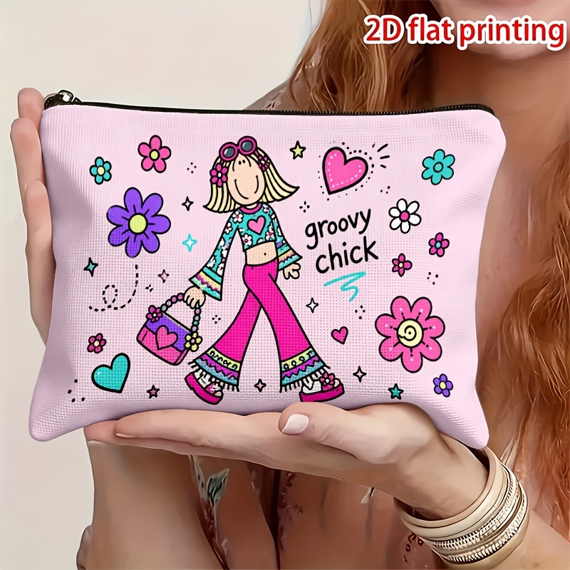 TEMU 1pc 2d Flat Printed Vintage "" Slogan Double-sided Print Makeup Bag, Multi-functional Cosmetic Organizer, Zipper Closure, Foldable Toiletry Bag,