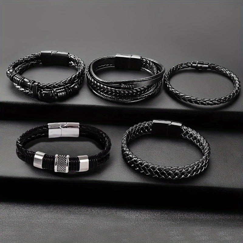 

5pcs Black Pu Leather Bracelets For Men Women, Mens Bracelet Pu Leather And Steel Braided Cuff Bracelets