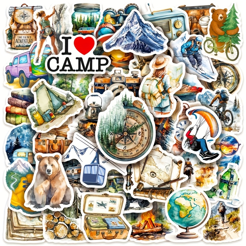Image of 50pcs Summer Outdoor Camping Stickers - & For Diy Travel Notebooks, Luggage, Phones & More - Durable Adhesive Decals For Scenic Backdrops & , Camping Accessories