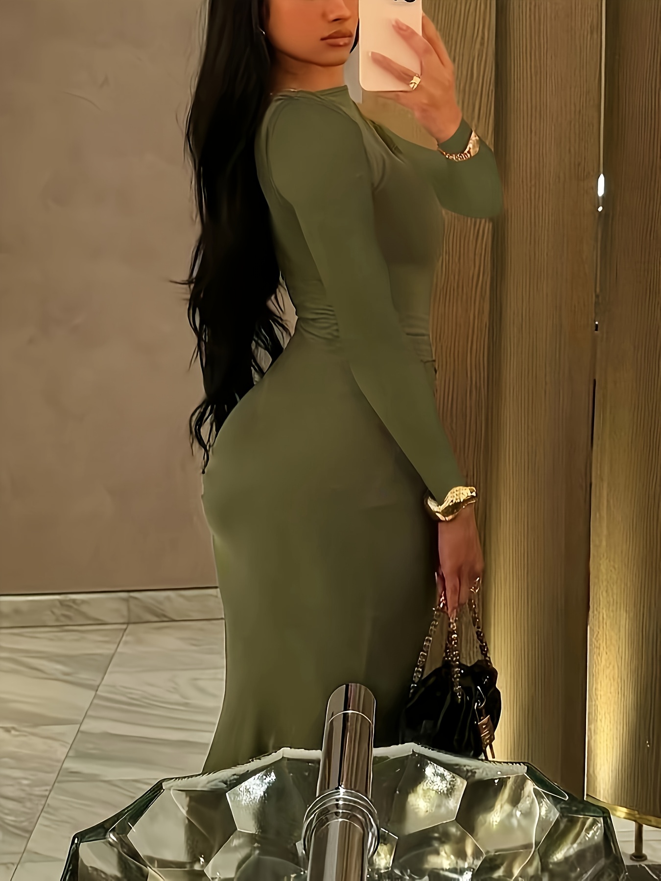 magic obsession mini dress green Women Solid Green V-Neck Acrylic Long Sleeves Straight Hem Knitted Bodycon  Midi Sweater Dress main image 0