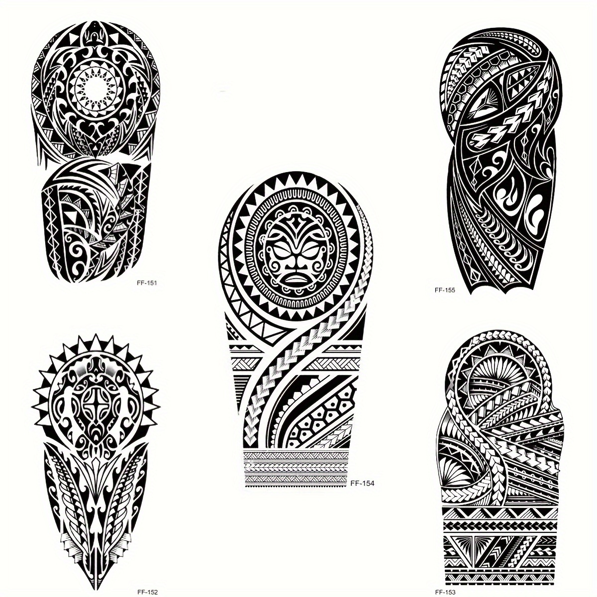 Image of 5pcs Black Tribal Wolf Head Totem Tattoo Stickers, Men's Adult Half-sleeve Tribal Totem Arm Temporary Tattoo Stickers, Waterproof Long-lasting Black Half-body Tattoo
