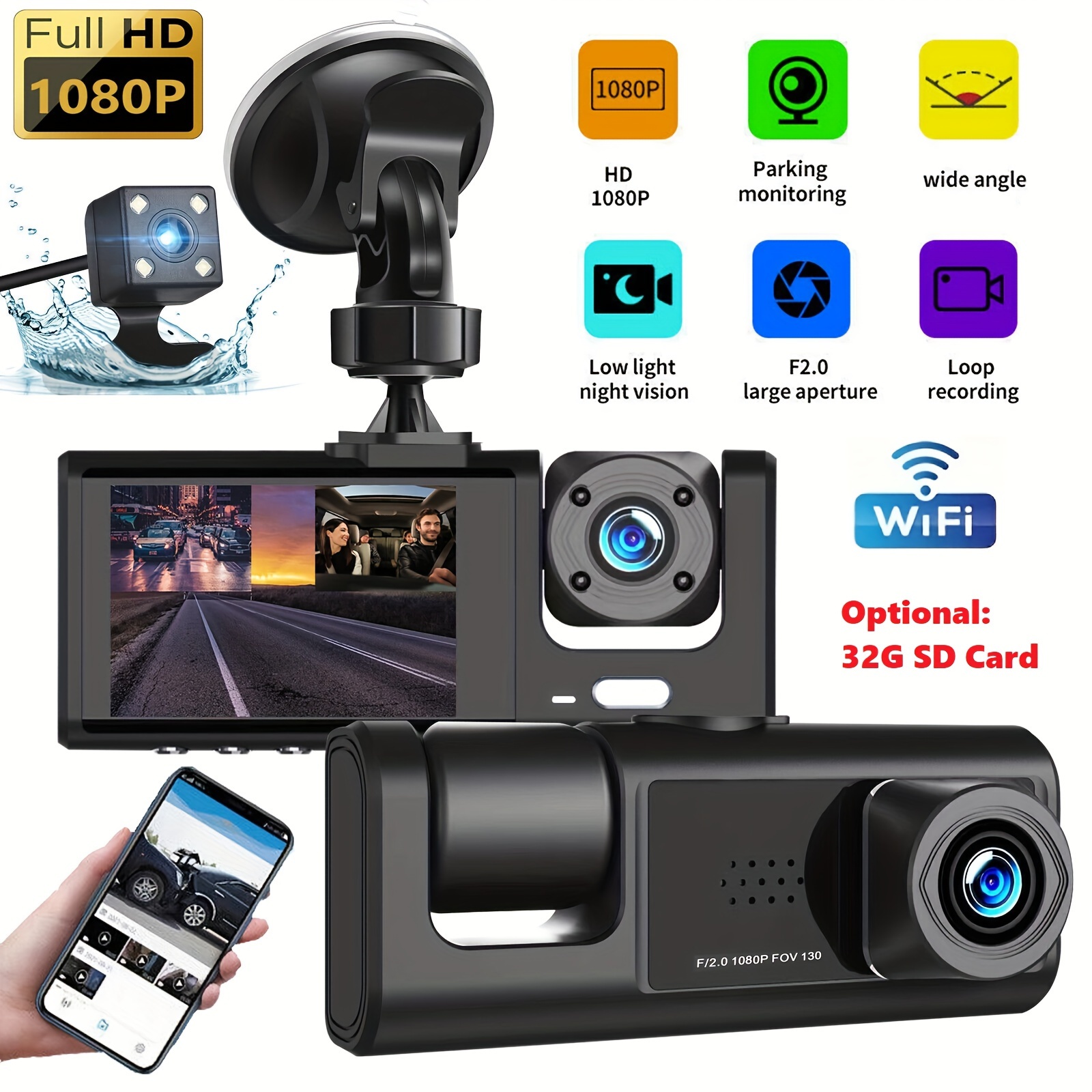 Cámara de salpicadero de doble lente para coche, grabadora de vídeo HD  1080P con WIFI, visión nocturna, sensor G, grabación en bucle, Dvr -  AliExpress