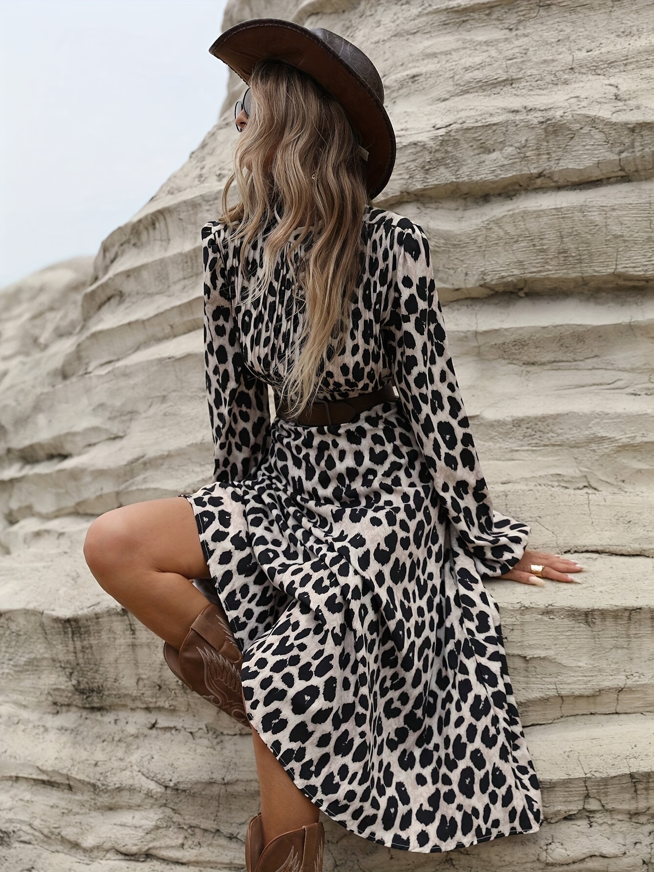 Long Sleeve Leopard Formal Animal Print Dresses Elegant Leopard