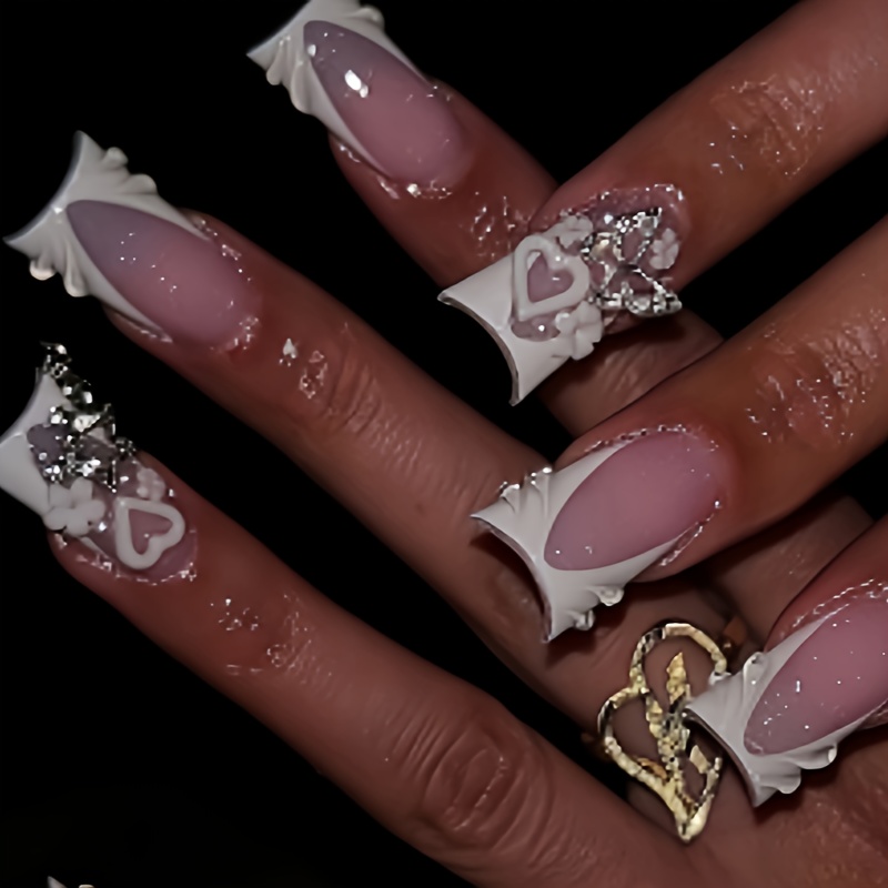 TEMU 24pcs/48pcs Ballet French Style Nail Set Pink Relief Love+diamond Decoration Sparkling Powder Glue With Jelly Glue+nail File Pressing Fake Nail Set Suitable For Daily Use Cheap 's Items