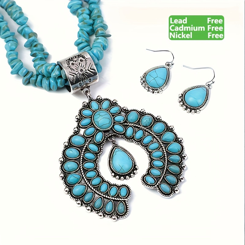 

3pcs Earrings Plus Necklace Boho Style Jewelry Set Silver Plated Trendy Squash Design Inlaid Turquoise In Waterdrop Shape Match Daily Outfits ( Grain Of Stone May Differ From 1 Another )