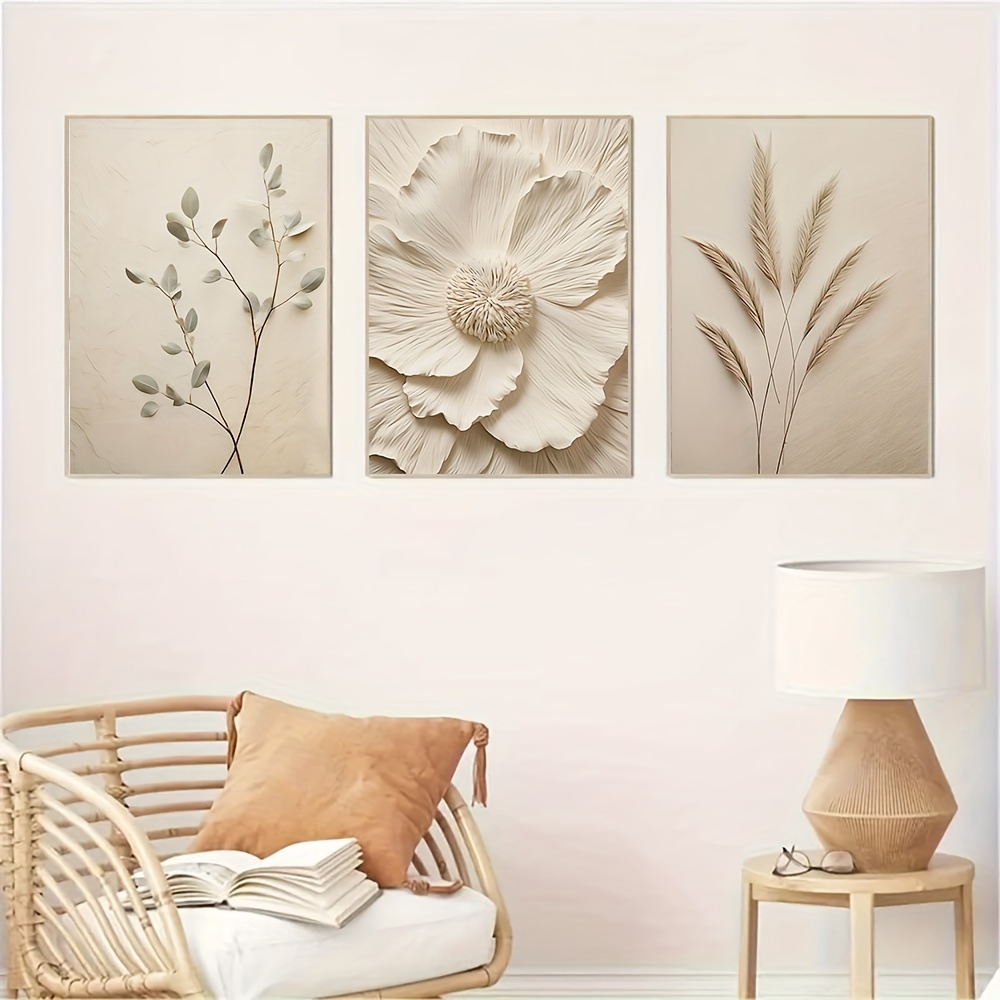 

3-piece Set Beige Plant Canvas Wall Art Prints, Frameless Modern Poster For Living Room, Indoor Portrait Orientation, Other Topics Theme - 15.7x23.6 Inches