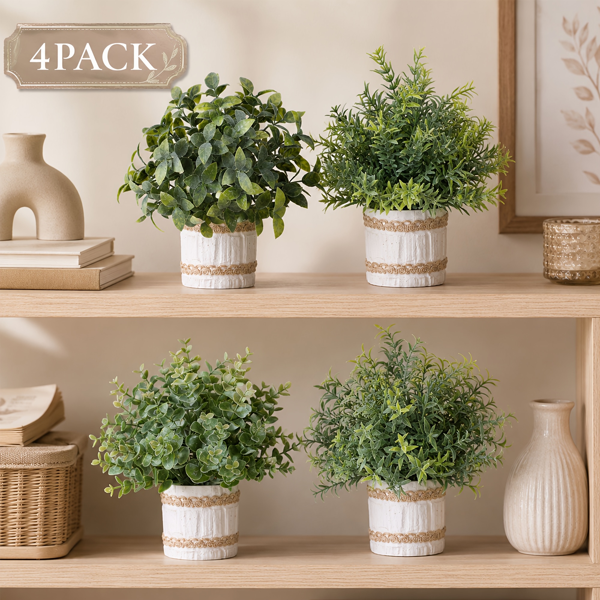 TEMU 4pcs Small Artificial , Indoor Faux Paper Potted Plants For Shelves, Desks, Home, Bathroom, Room, And Farmhouse Decor