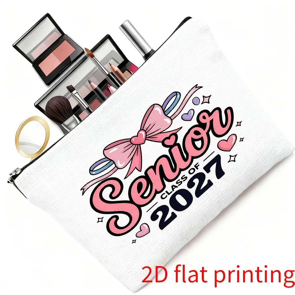 TEMU 1pc 2d Flat Unisex (18x23cm) Makeup Bag 2027 Graduation Bow Text Pattern Travel Toiletry Bag, Stationery Organizer Small Items Toiletry Supplies