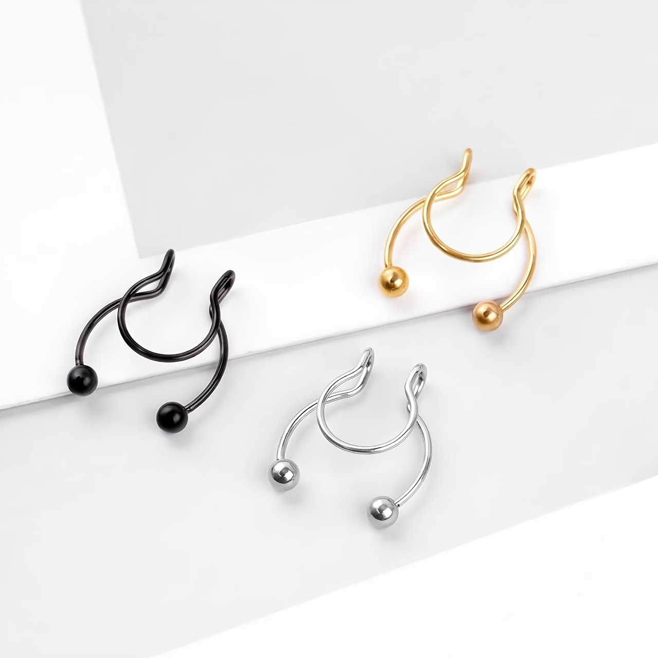 TEMU 3pcs Fake Piercing Nose Ring For Women Punk Style Double Sphere Decoration Stainless Steel Nose Septum Ring Body Piercing Jewelry Gift