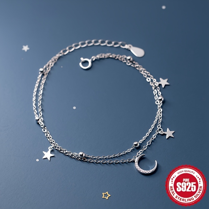 

925 Sterling Silvery Double Layered Star And Moon Charm Bracelet - Bohemian And Hip-hop Inspired, And Parties, Stylish Accessory For Women And Girls