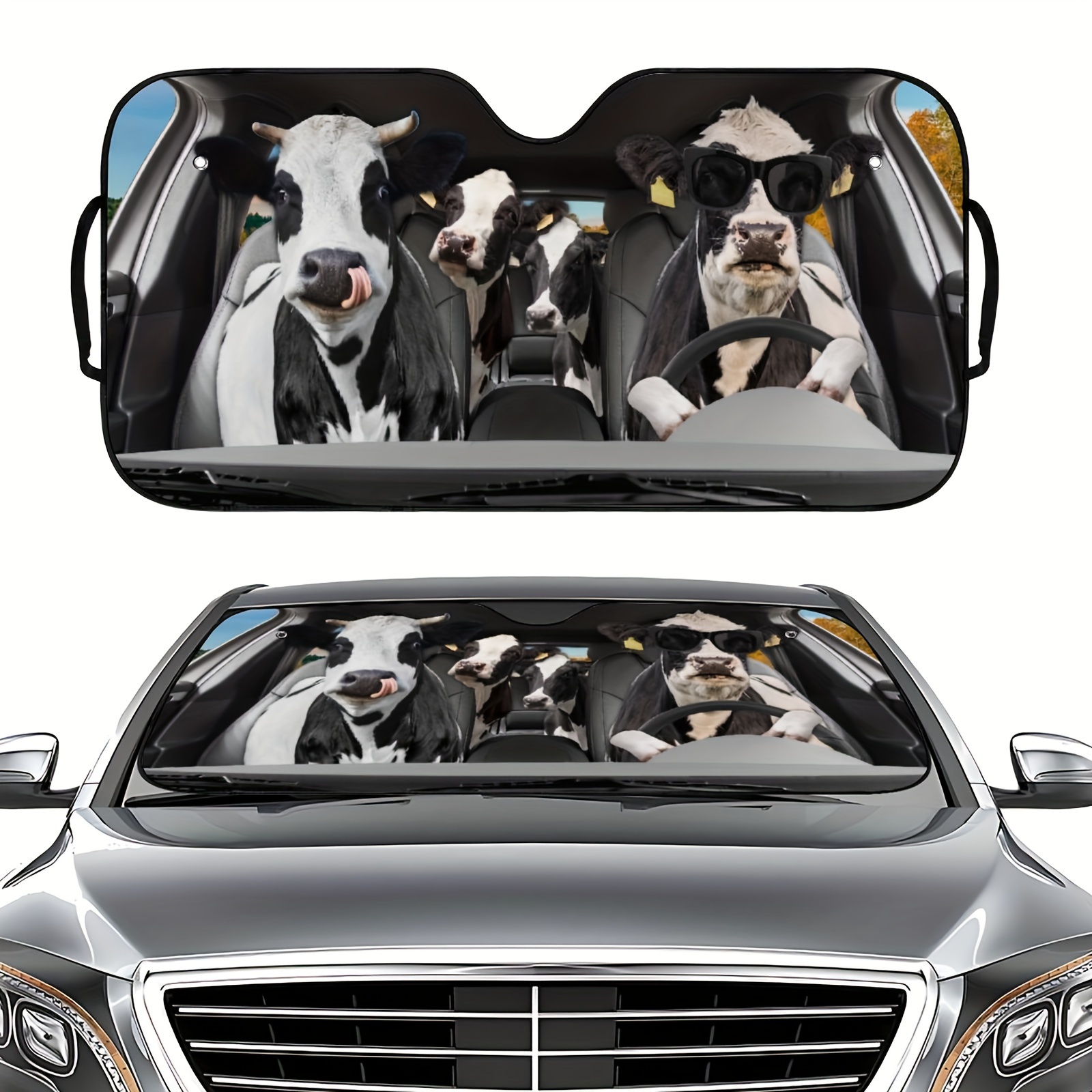 

1pc Car Windshield Sunshade With Cow Print, Suction Cup Installation, Foldable For Easy Storage