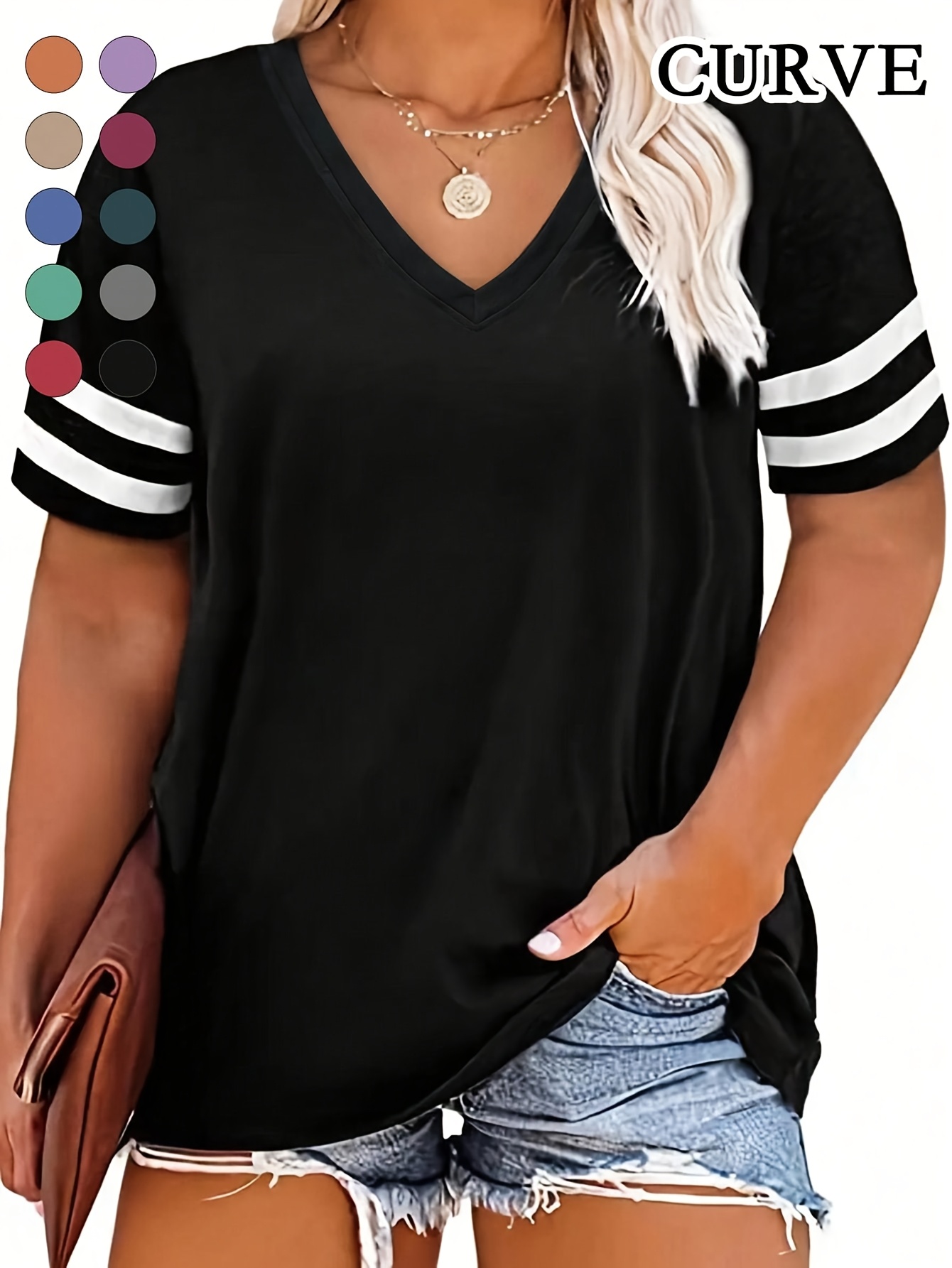 plus size plus size v neck striped casual tee t shirt