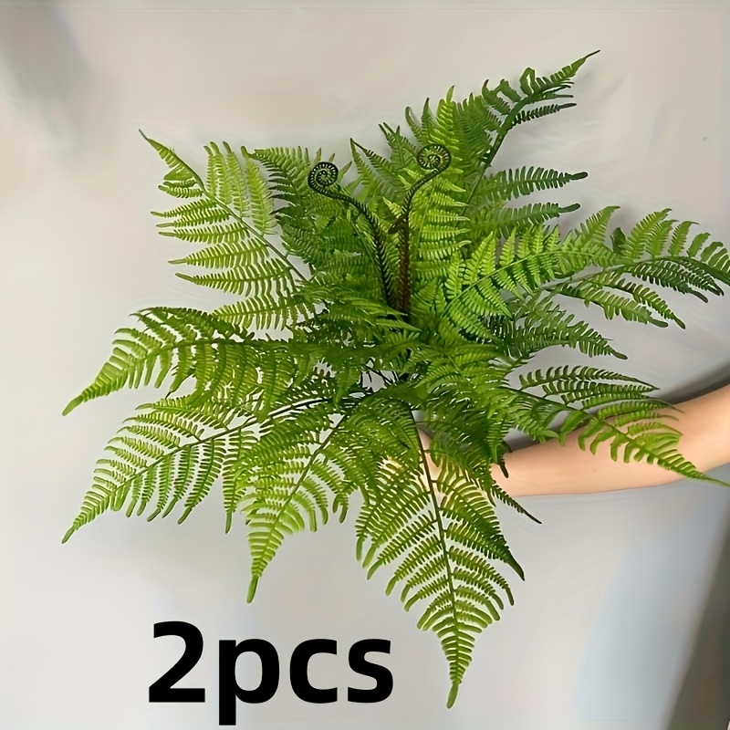 2pcs Artificial Outdoor Ferns 20.86 Inch, Realistic - With Leaves And Red Stems - Soft Plastic Leaves, 3 Petals, Suitable For Home, Office, Garden Decoration