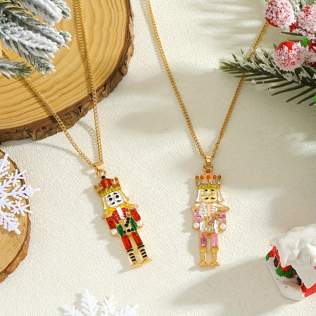 TEMU 2pcs Nutcracker Soldier & Enamel Charm Necklace & Pendant Set - Uniform Doll-like Jewelry For Women &, Christmas Party Outfits, Wear,