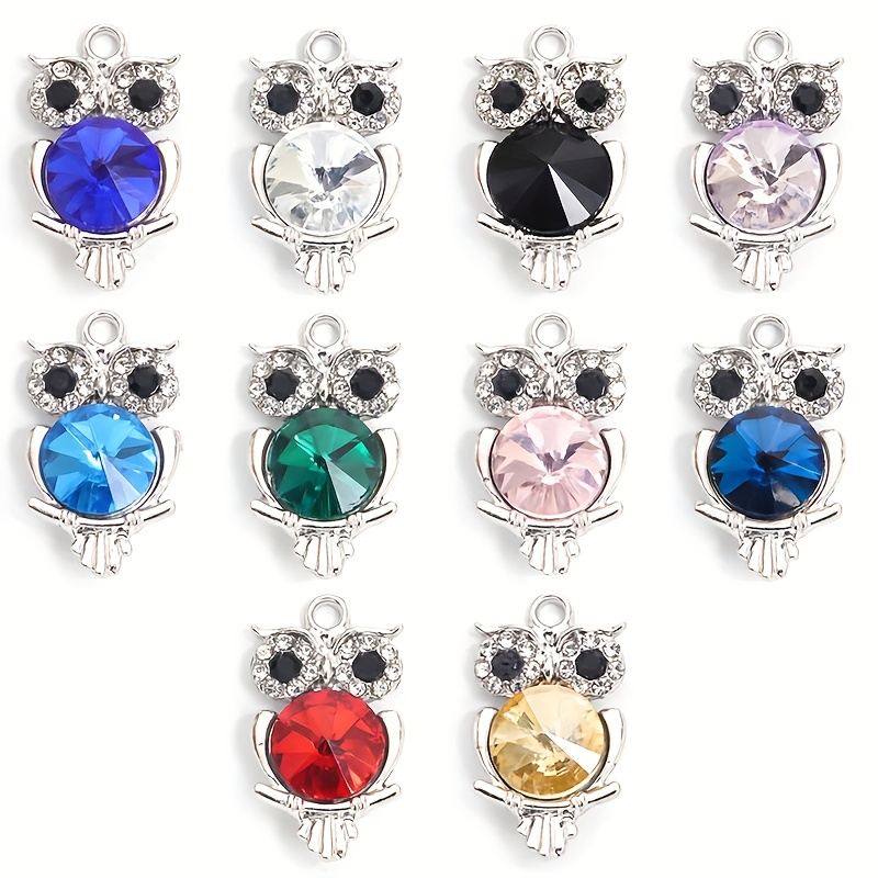 TEMU 10pcs Cartoon Animal Theme Exquisite Owl Pendant With Sparkling Rhinestone Inlay, Cute Accessory Alloy Pendant For Men Women Personalized