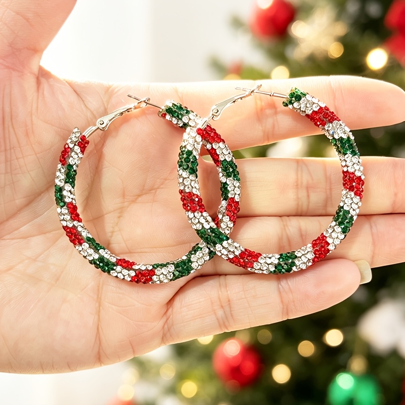 TEMU Christmas Rhinestone Hoop Earrings Red Green White Sparkling Large Circle Earrings Holiday Party Decorative Earrings For Women Christmas Gift