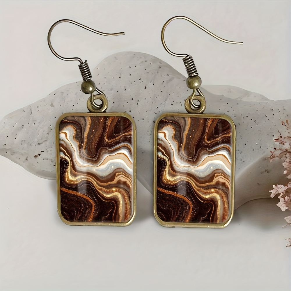 TEMU 1 Pair Handmade Vintage Amber Texture Square Dangle Earrings - Golden- Marbled Brown/amber Color Palette, Natural , No Plating, Durable Everyday