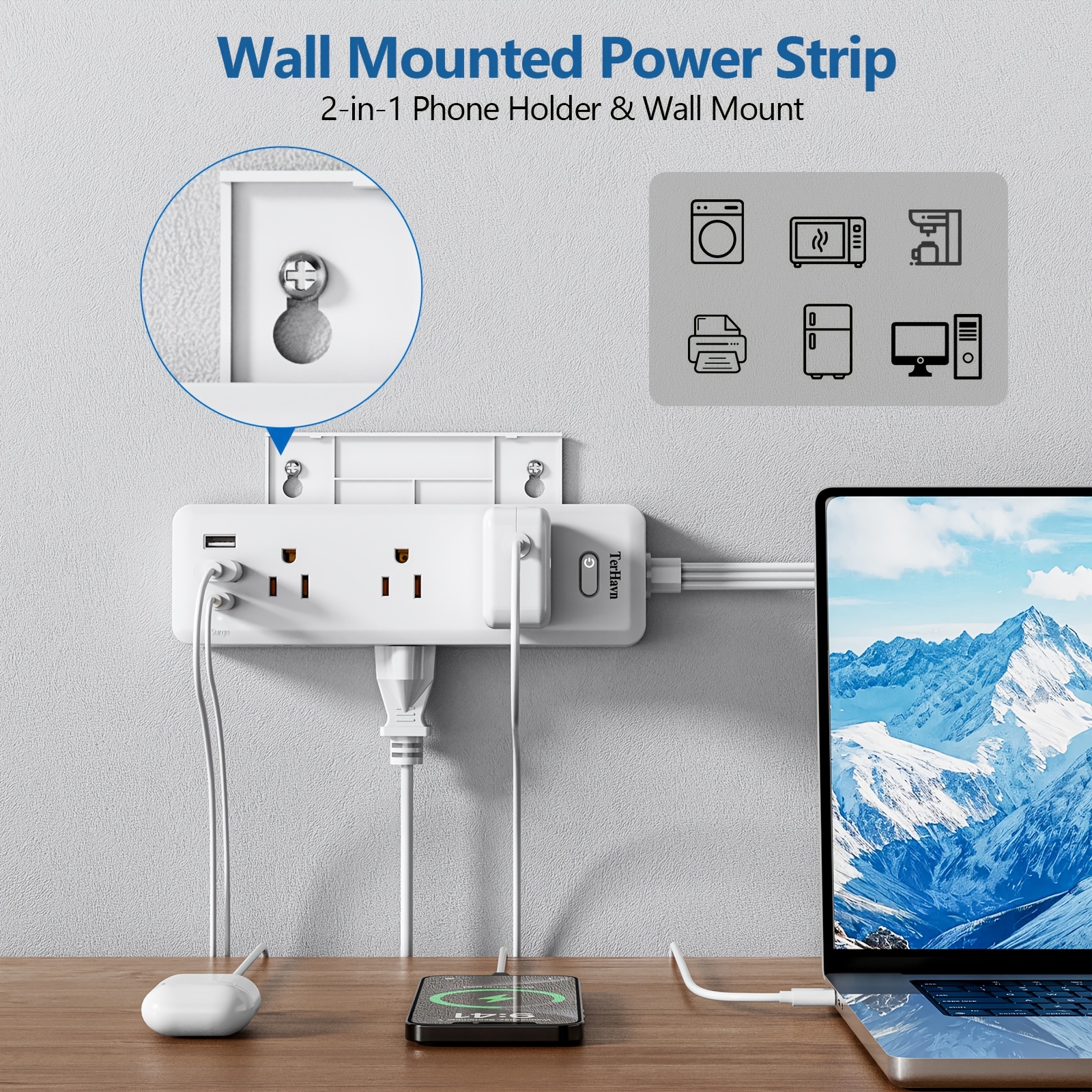 TEMU Multiprise à 5/10 pieds avec prise plate, 6 prises CA et 3 ports USB (17W) | Inclut un support de téléphone rétractable intégré | Protecteur