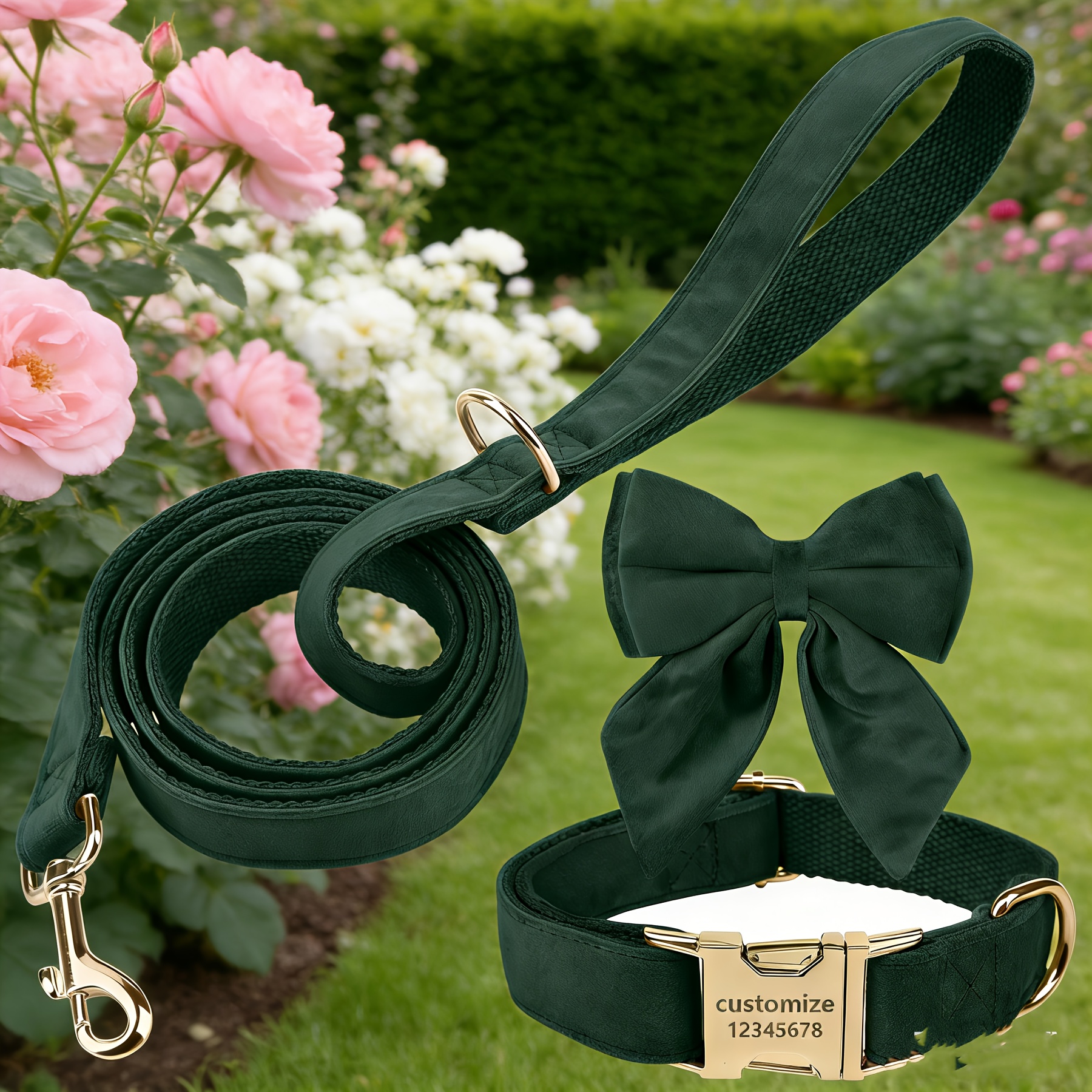 Personalized Custom Soft Velvet Dog Collar & Leash Set, 3pcs