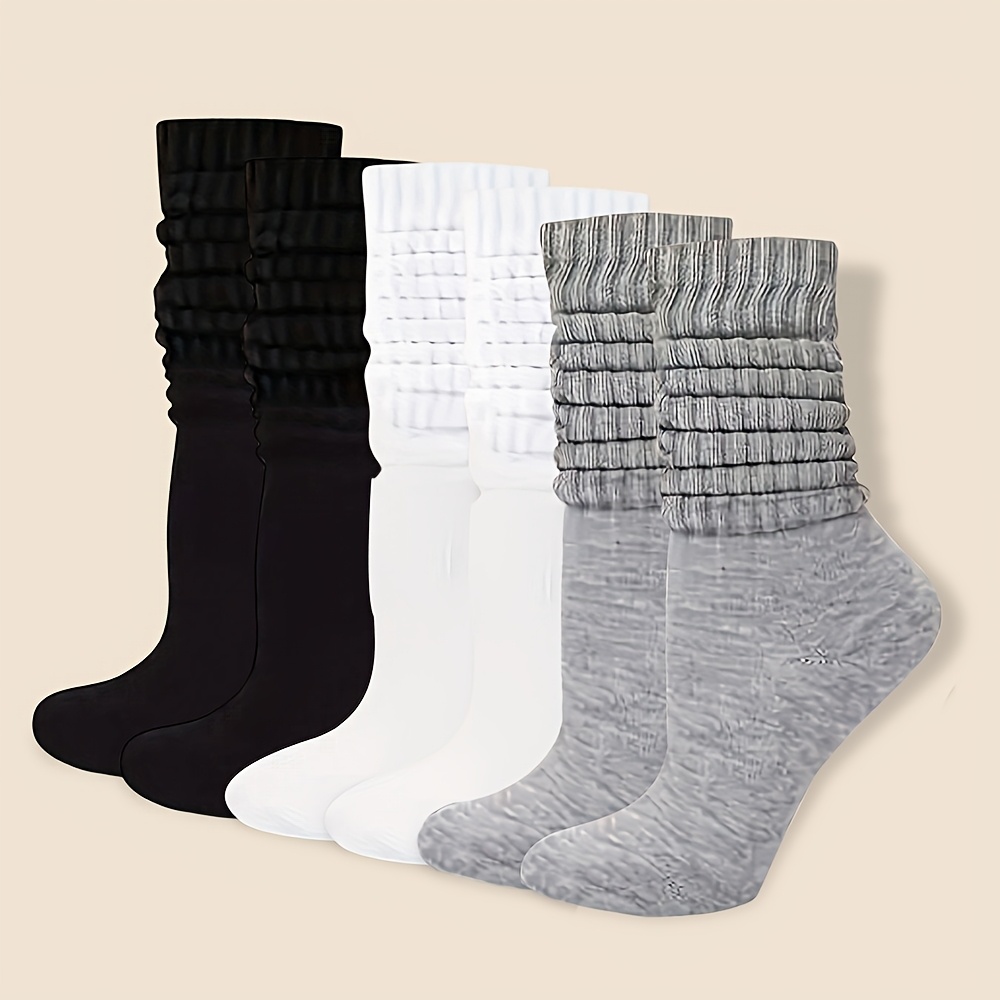 

3 Pairs Women Spring And Summer Pile Socks College Style Minimalist 4 Socks Solid Color Long Socks