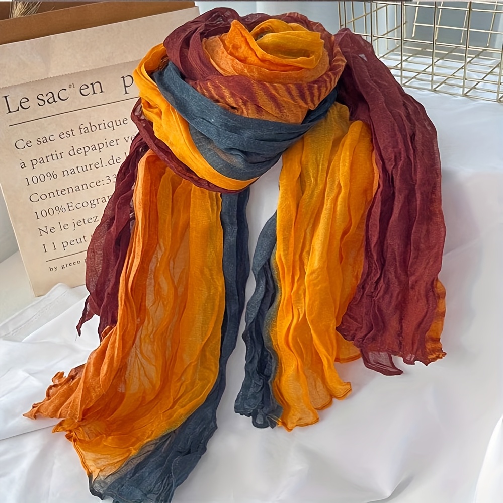 TEMU Women's Gradient Blue Pleated Autumn Winter Scarf, Lightweight Breathable Neck Warmer - Long Gradient Scarf, Retro Ethnic Style Scarf, Artistic