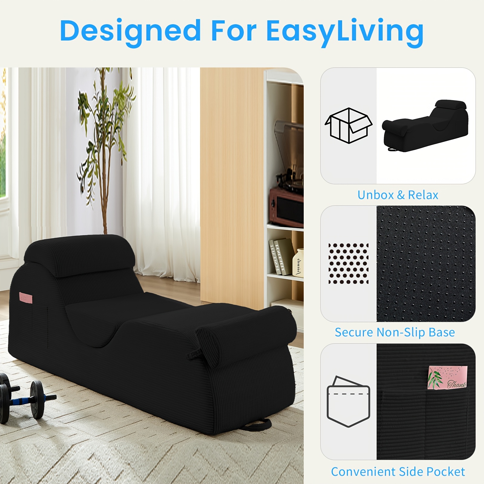 Striped Adult Yoga Chair, Indoor Toilet Chair with Side Pockets, Headrest, Lumbar Cushion, Movable Footrest, Curved Yoga Sofa for Relaxing And Stretching in Bedroom, Black