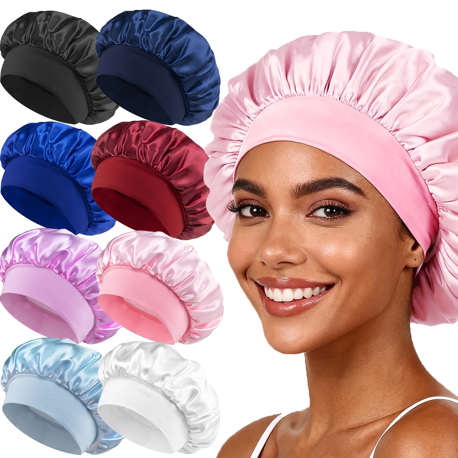 TEMU 8-pack High-gloss Satin Bonnet, Wide Elastic Band, No Tightness & Non-slip, Suitable For Long Hair, Curly Hair, Dreadlocks & Hairstyles, Protect