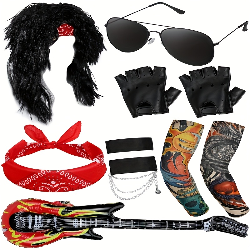 2d flat 80s rock costume set women wig headband tattoo - Temu