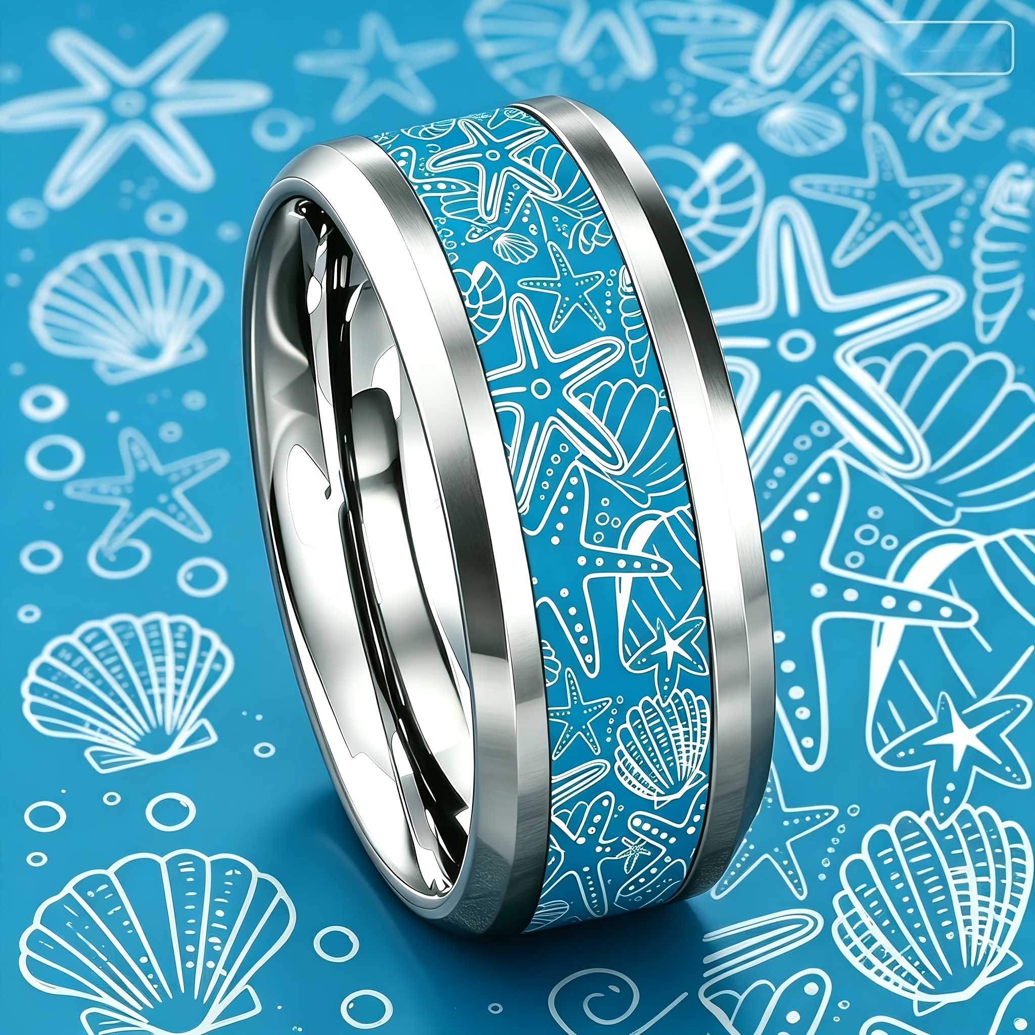 Lake Blue Starfish and Seashell 304 Stainless Steel Ring, 8mm