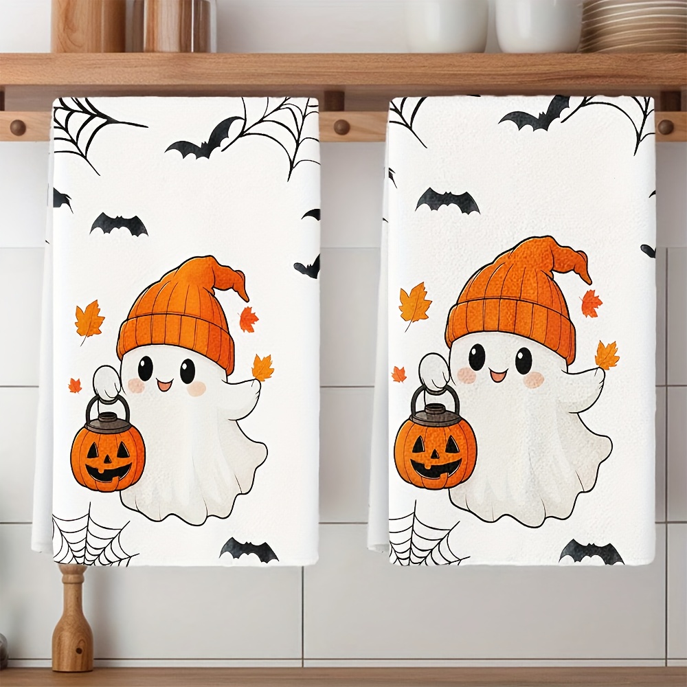 TEMU 2pcs Set Cute & Pumpkin Kitchen Towels With Bats & Cobwebs - Durable Polyester Dishcloths And Decorative Dish Cloths For Halloween & Fall Decor,