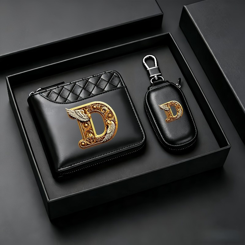TEMU 2026 New 2pcs High-end Men' Premium Wallet With 26 A–z Initials – Featuring A Car Key Pouch – Black Crocodile-textured Synthetic, Multiple Card