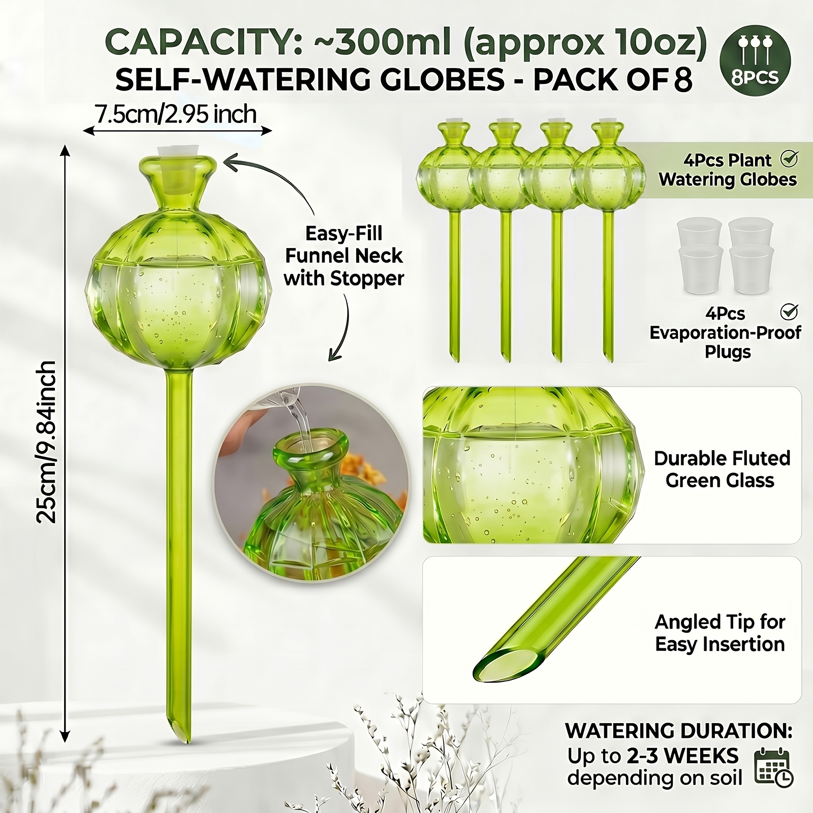 E-shop 8-teiliges Kaktus-Selbstbewässerungs-Set: 4 dekorative & 4 Schutzstopfen, einfach zu befüllendes Bewässerungssystem für Monstera & Pothos,