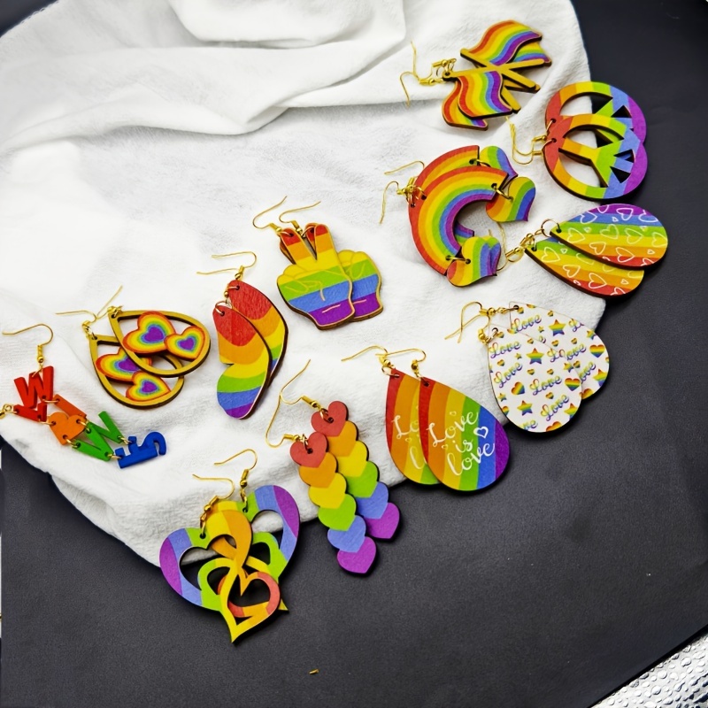 6/12 Pairs Rainbow Theme Wooden Earrings Set, Bright Designs