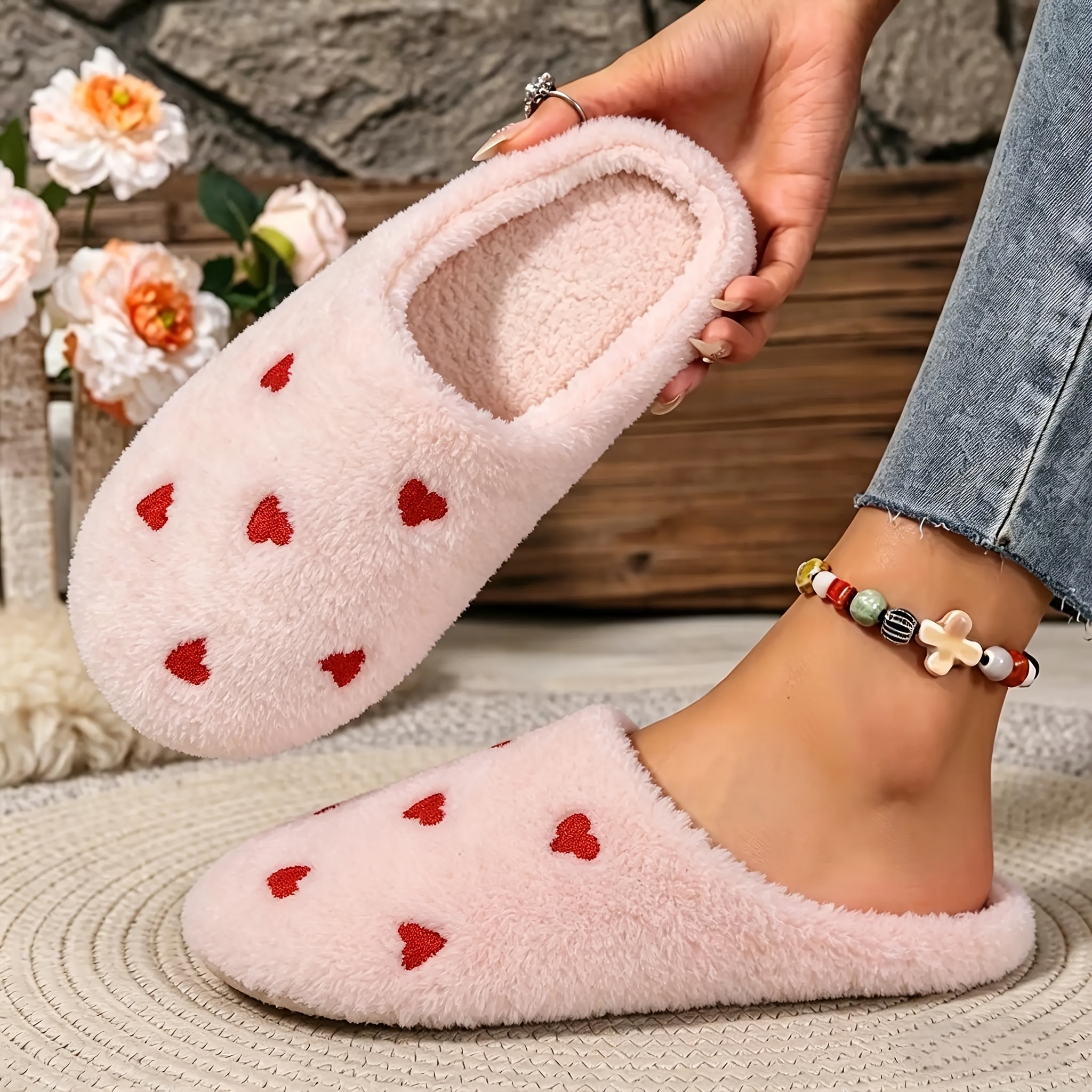 TEMU Women's Easy Heart-shaped Indoor Home Comfortable Soft-bottom -bottom Widened Home Slippers, Women Shoes